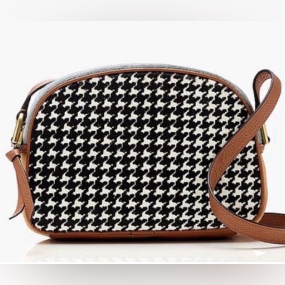 J Crew Devon Houndstooth Calf Hair Pebbled Leather Crossbody Camera Bag Like New - Picture 2 of 11